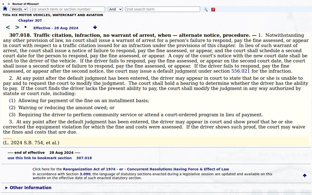 Missouri Chapter 307 traffic warrant statute